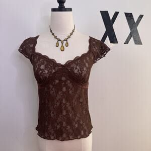 Vintage Y2K Brown Sheer Floral Lace Top Cap Sleeve Indie Grunge Fairy L
